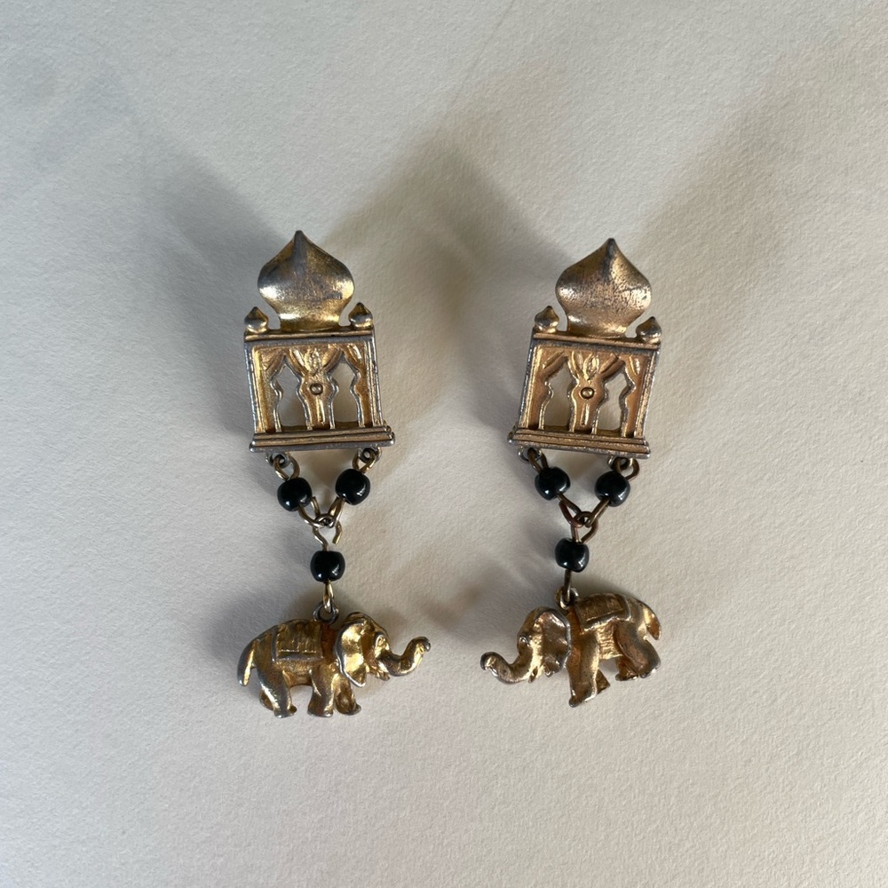 Gold toned and Black Elephant Taj Mahal Dangle Earrings